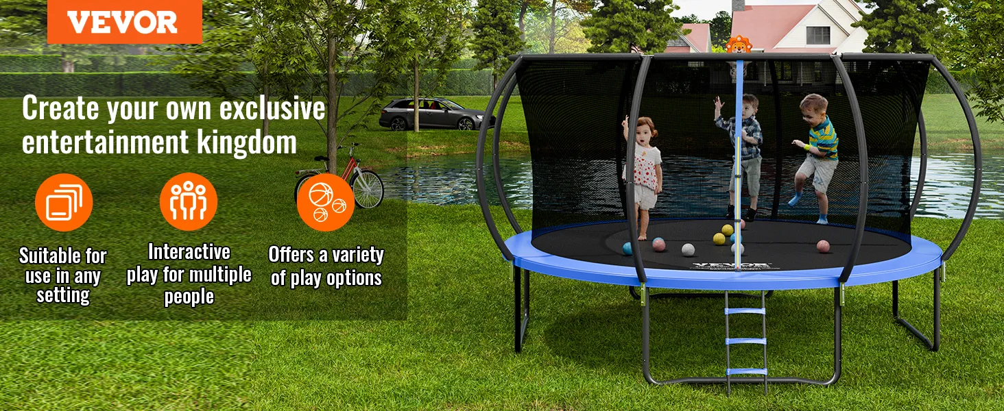 Trampolín VEVOR en un patio trasero que ofrece juegos interactivos para varios niños.