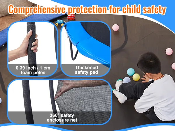 Niño jugando cerca del trampolín VEVOR con postes de espuma, almohadilla de seguridad y red de protección de 360°.