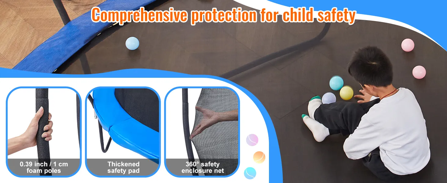 Niño jugando cerca del trampolín VEVOR con postes de espuma, almohadilla de seguridad y red de protección de 360°.