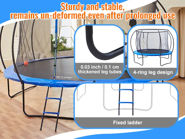 Trampolín VEVOR con diseño de patas de 4 anillos, tubos de patas engrosados y escalera fija para estabilidad y durabilidad.