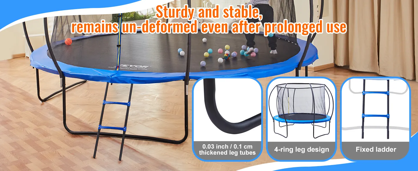 Trampolín VEVOR con diseño de patas de 4 anillos, tubos de patas engrosados y escalera fija para estabilidad y durabilidad.