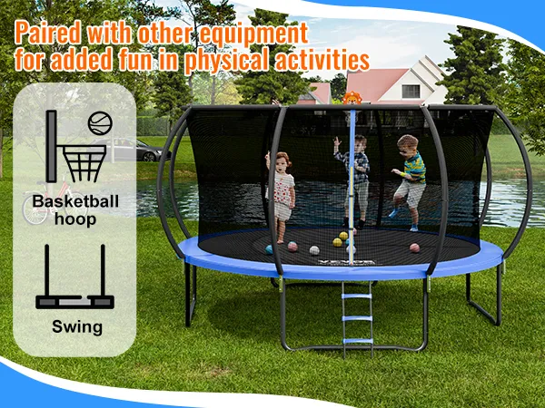 Juego de trampolín VEVOR en un patio trasero con aro de baloncesto y columpio adicionales para mayor diversión.