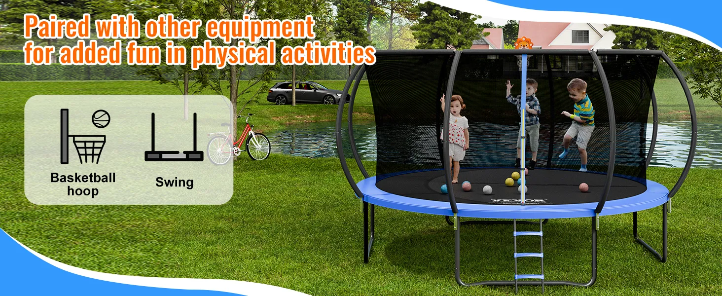 Juego de trampolín VEVOR en un patio trasero con aro de baloncesto y columpio adicionales para mayor diversión.