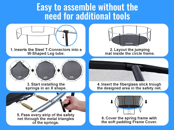 montaje de un trampolín VEVOR con escalones para el marco, colchoneta, resortes, red de seguridad y cubierta acolchada.