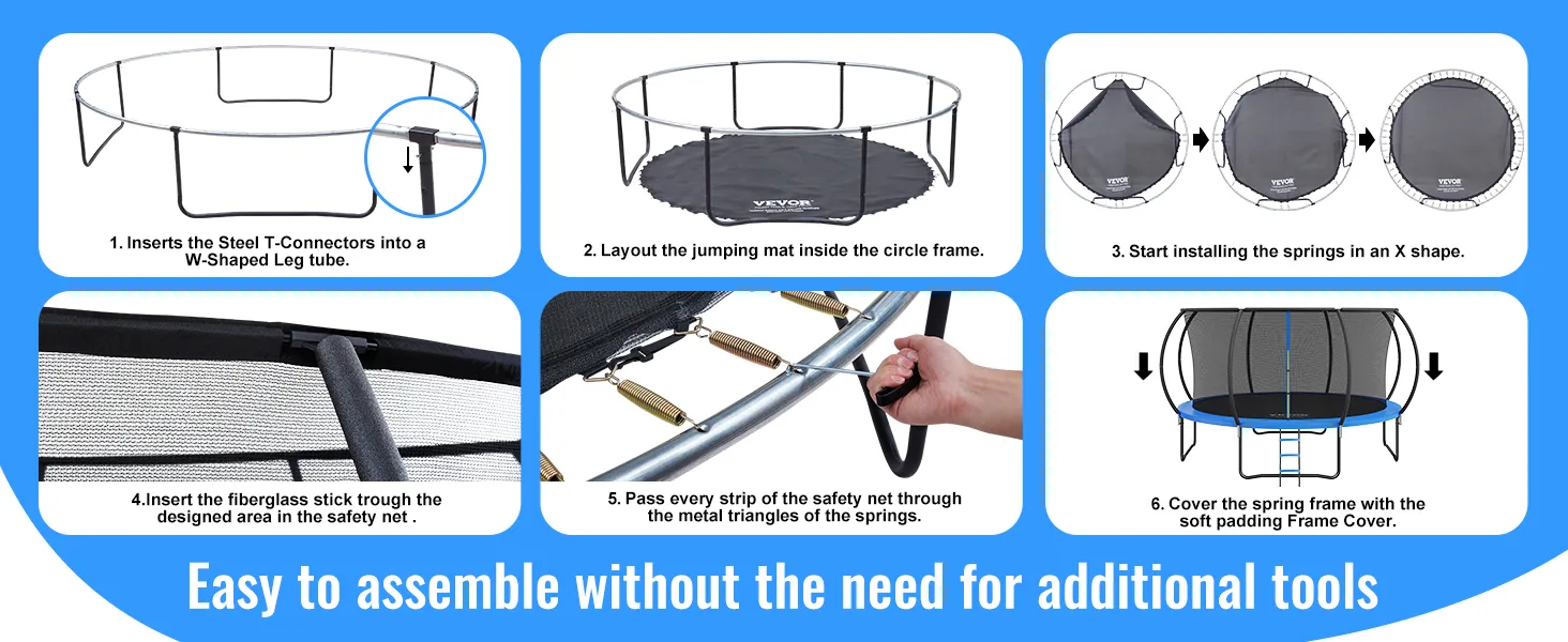 montaje de un trampolín VEVOR con escalones para el marco, colchoneta, resortes, red de seguridad y cubierta acolchada.