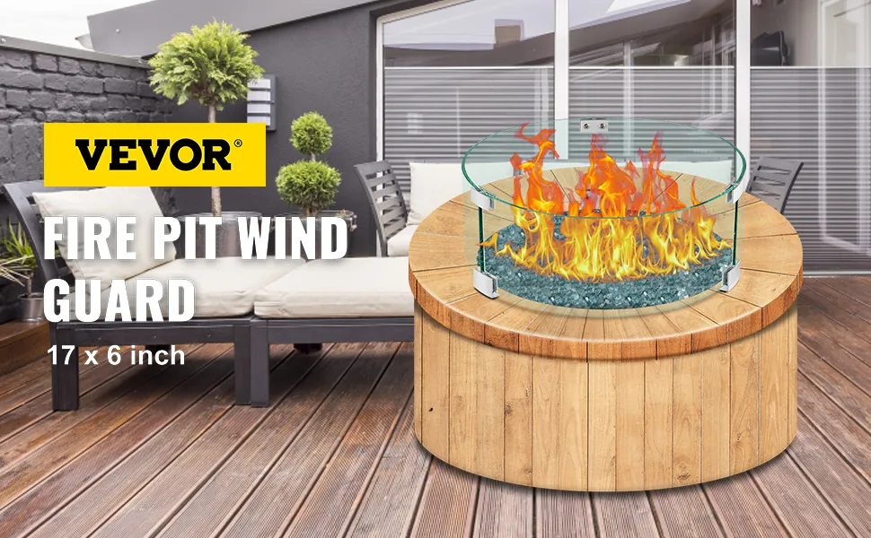VEVOR fire pit wind guard on wooden deck patio with seating area and potted plants.