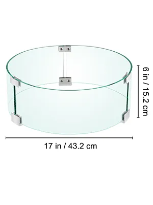 round glass VEVOR fire pit wind guard, 17 inches diameter, 6 inches height.