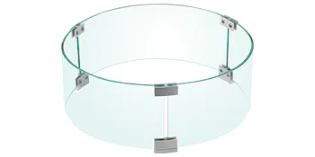 round glass VEVOR fire pit wind guard with stainless steel brackets.