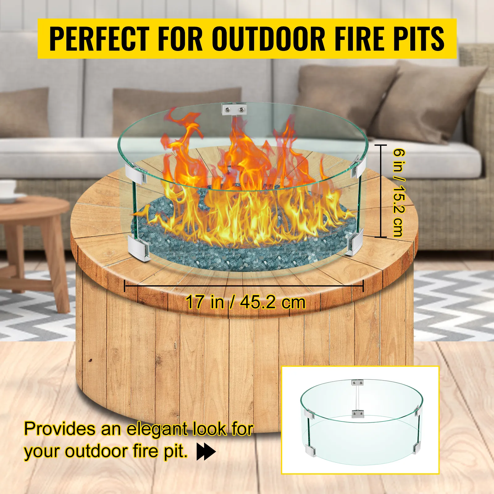 VEVOR fire pit wind guard on a wooden outdoor table with flame inside.