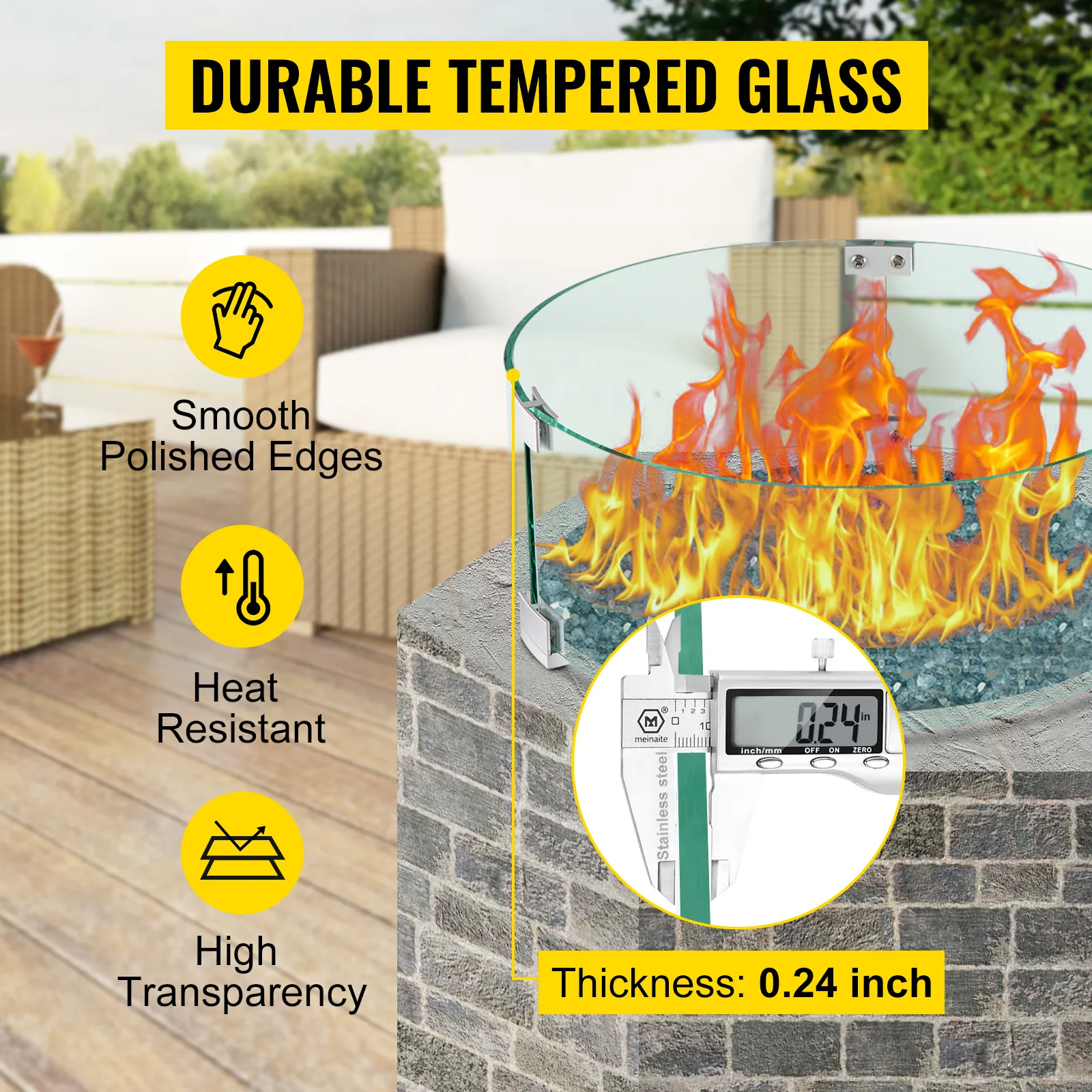 VEVOR fire pit wind guard features durable tempered glass and smooth polished edges.
