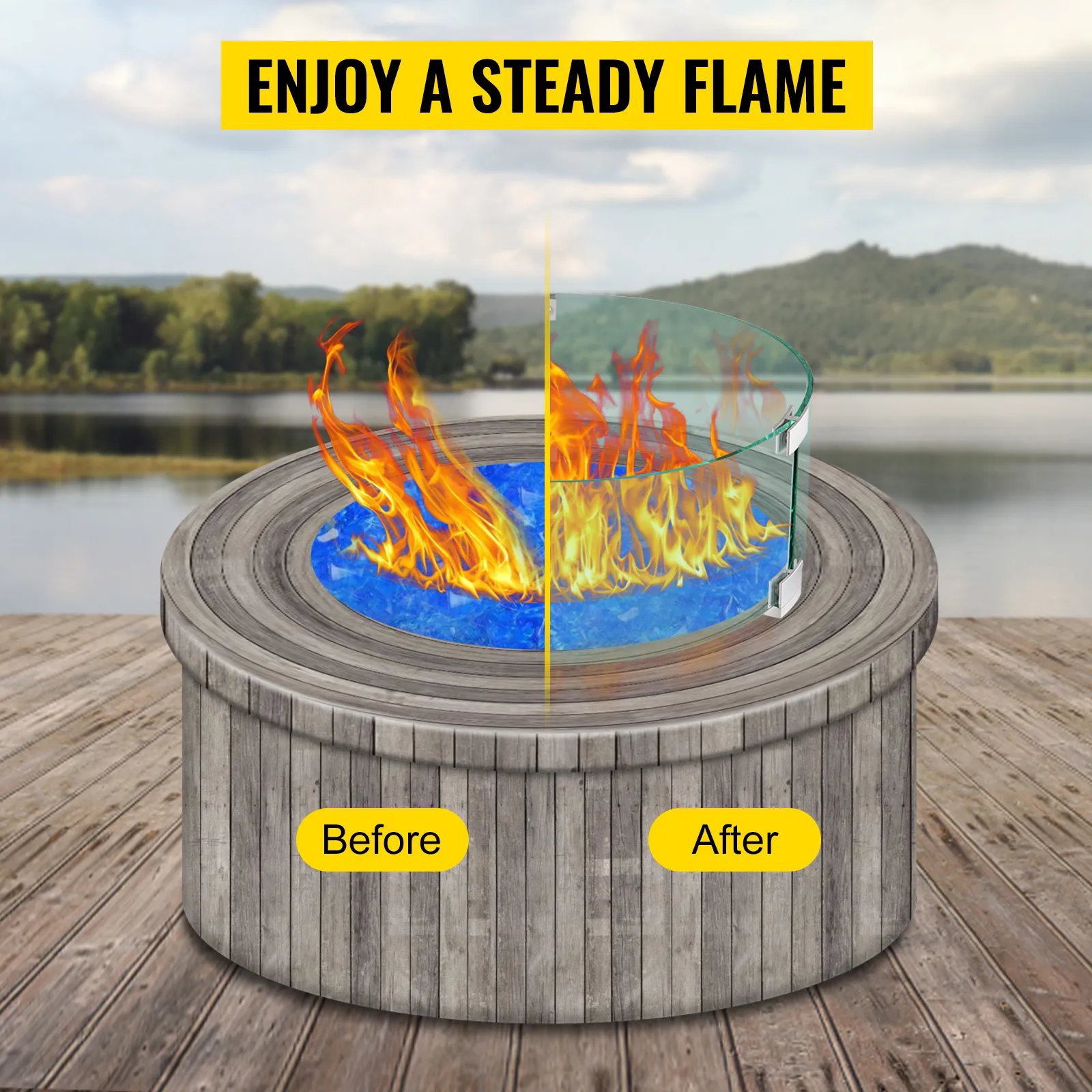 VEVOR fire pit wind guard showcasing steady flames on a lakeside wooden deck.