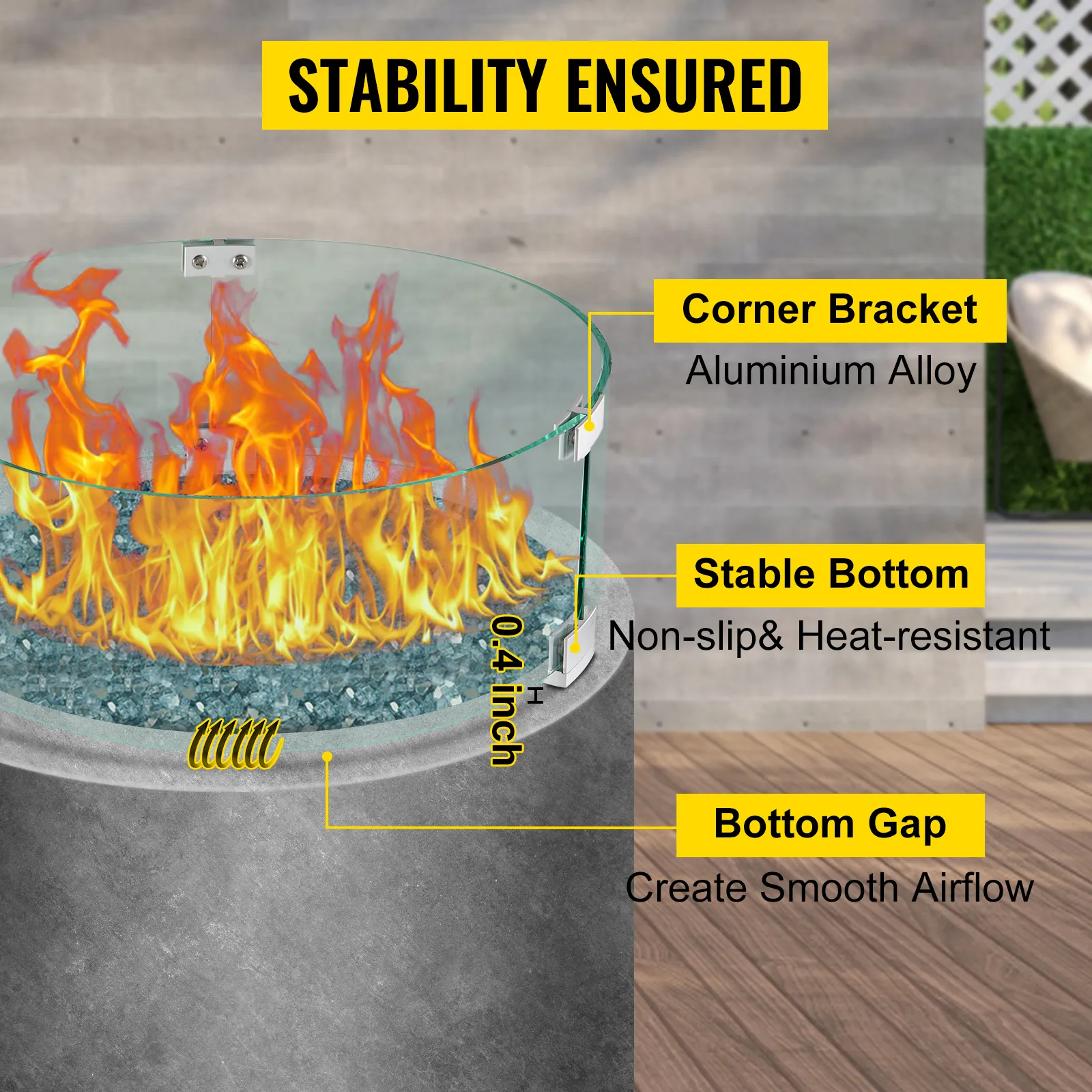 VEVOR fire pit wind guard with aluminum corner brackets, stable bottom, and bottom airflow gap.
