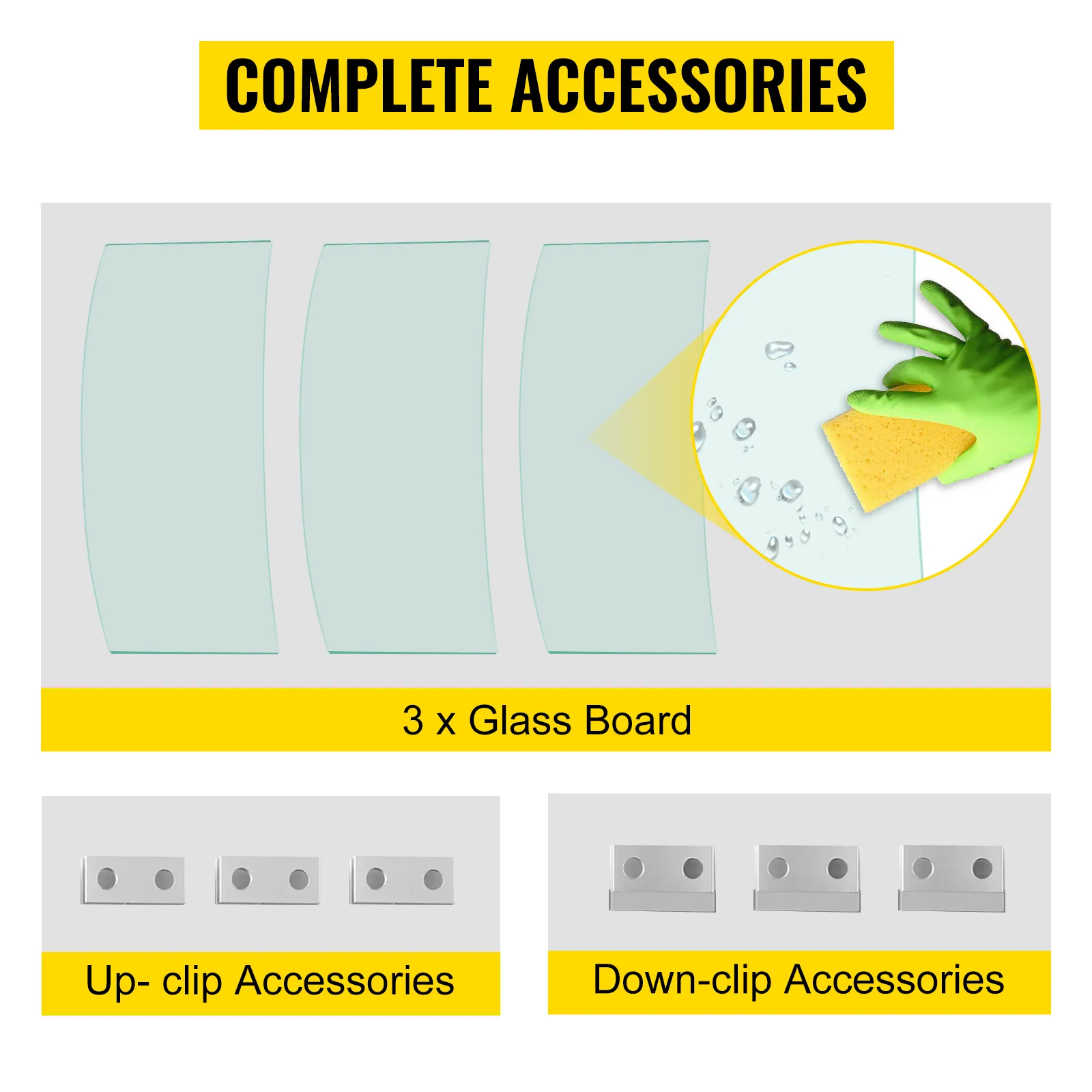 VEVOR fire pit wind guard with 3 glass boards, up-clip, and down-clip accessories.