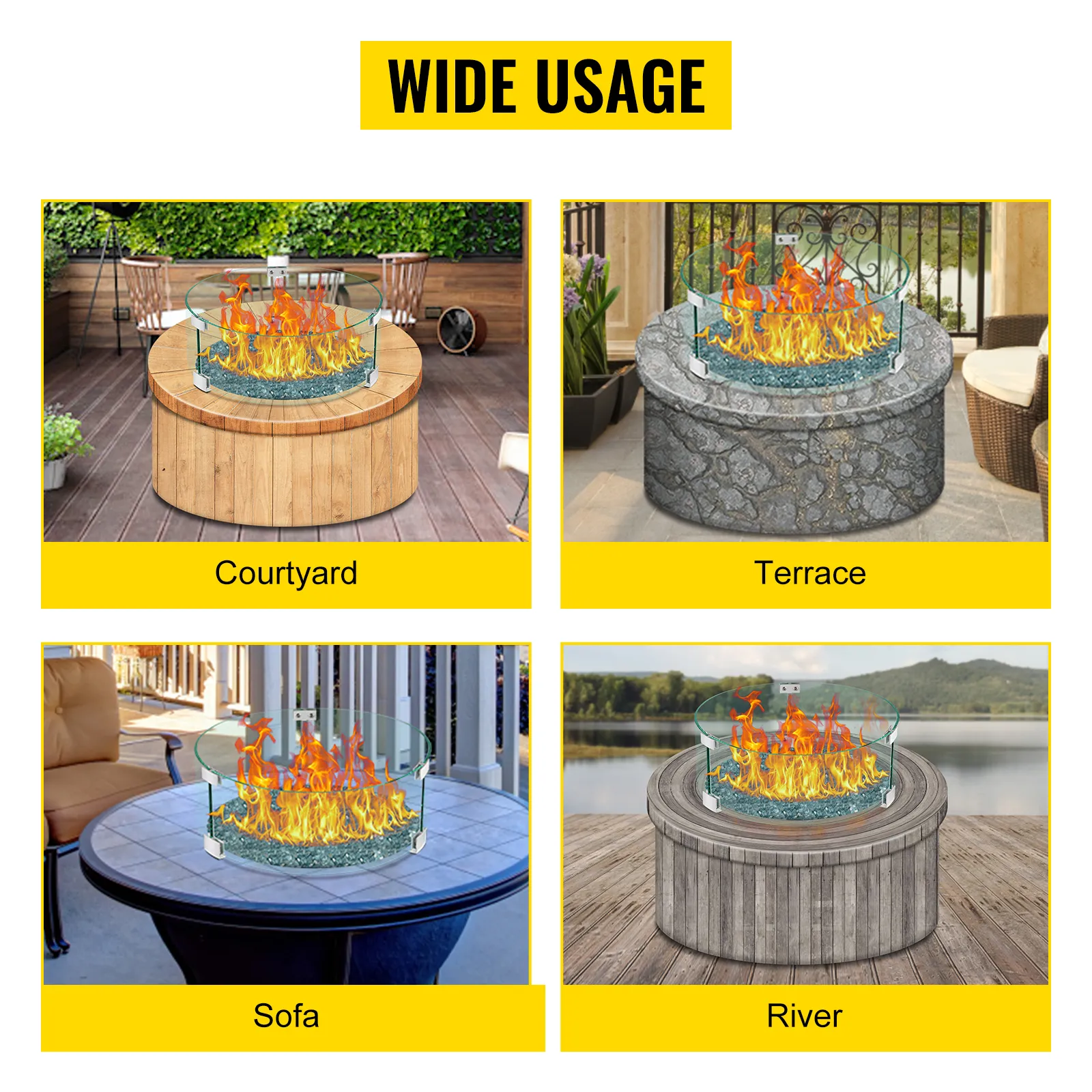 VEVOR fire pit wind guard for courtyard, terrace, sofa, and river settings.