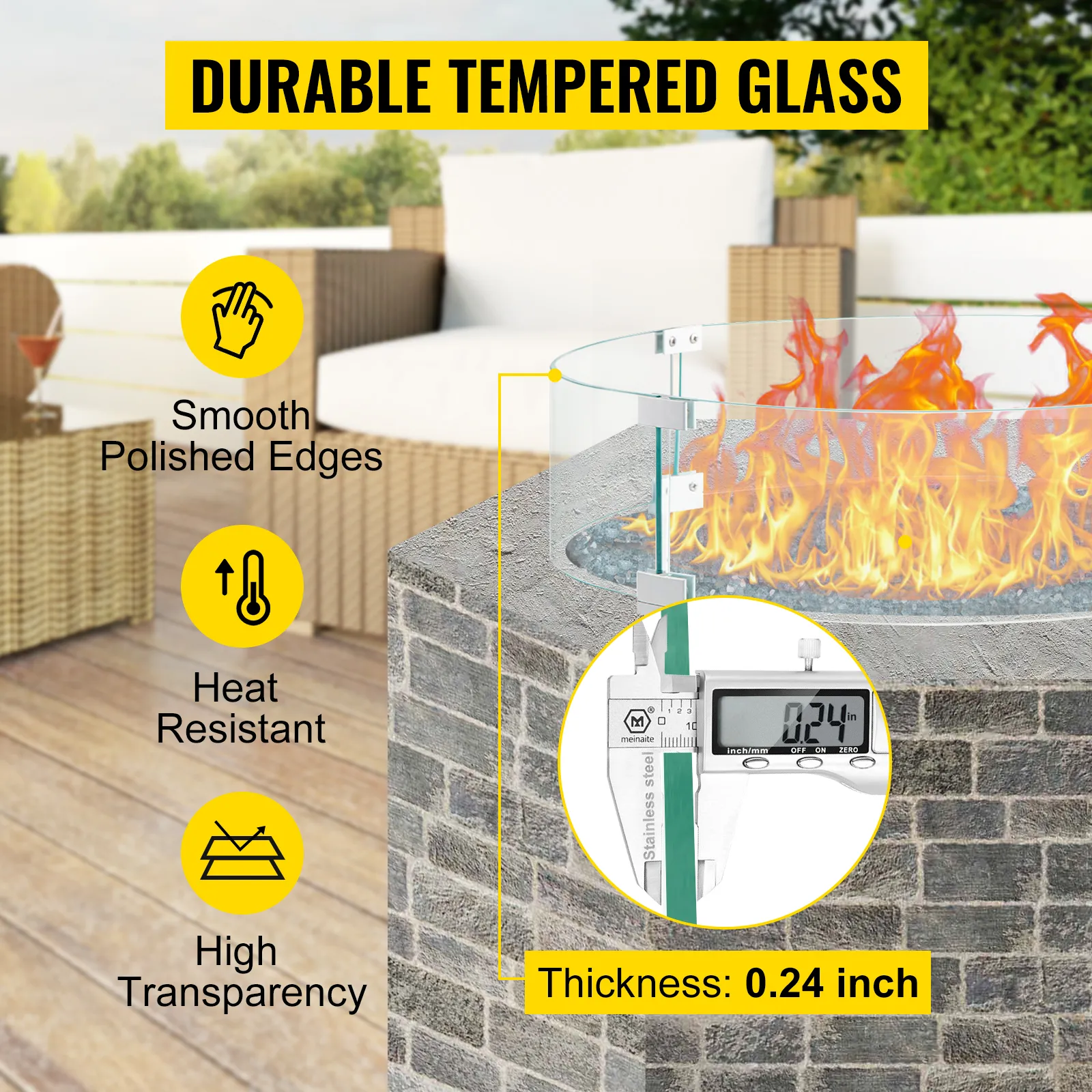 Protector contra el viento para fogatas VEVOR en vidrio templado duradero con bordes pulidos y resistencia al calor.