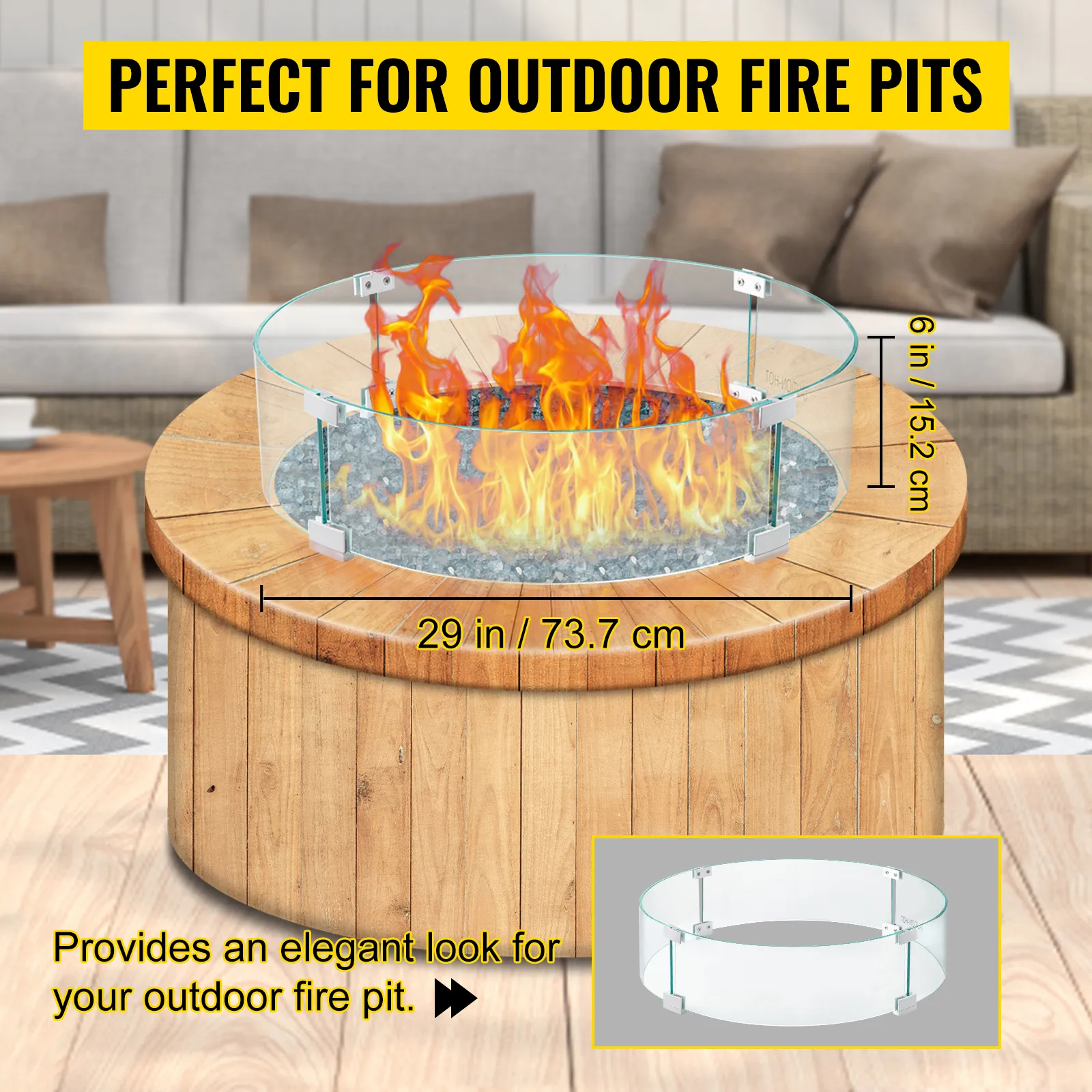 VEVOR fire pit wind guard on round wooden table, perfect for outdoor settings.