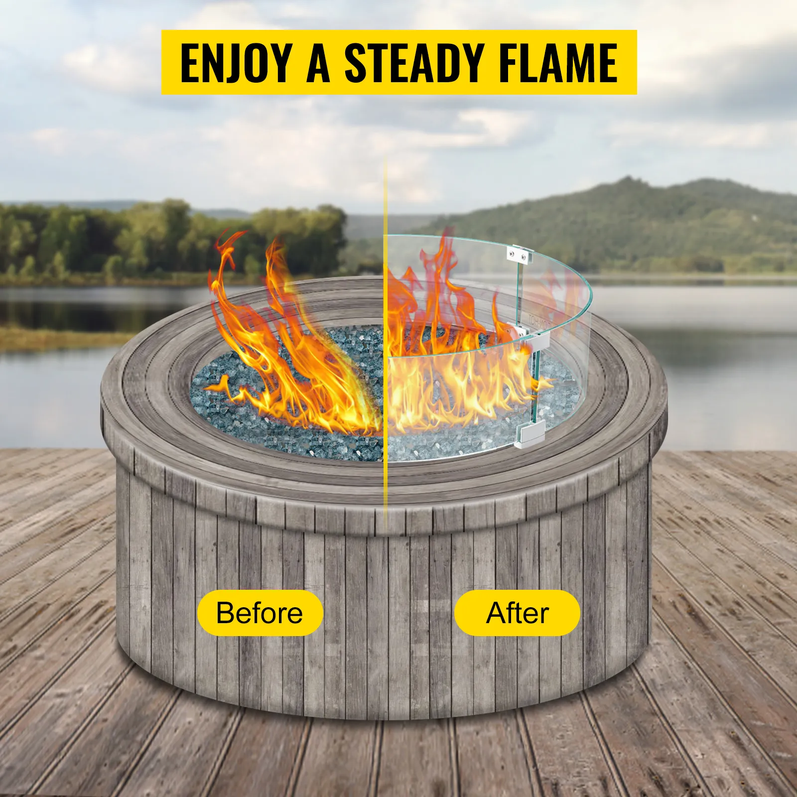 VEVOR fire pit wind guard enhancing fire stability in an outdoor setting by a lake.