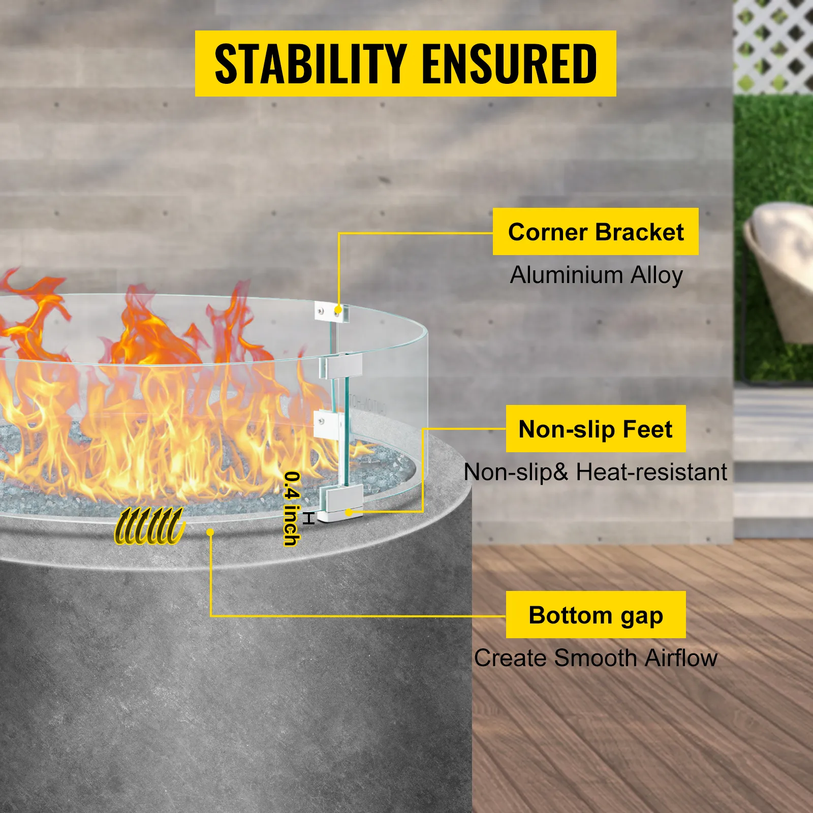 VEVOR fire pit wind guard with corner bracket and non-slip feet for stability.