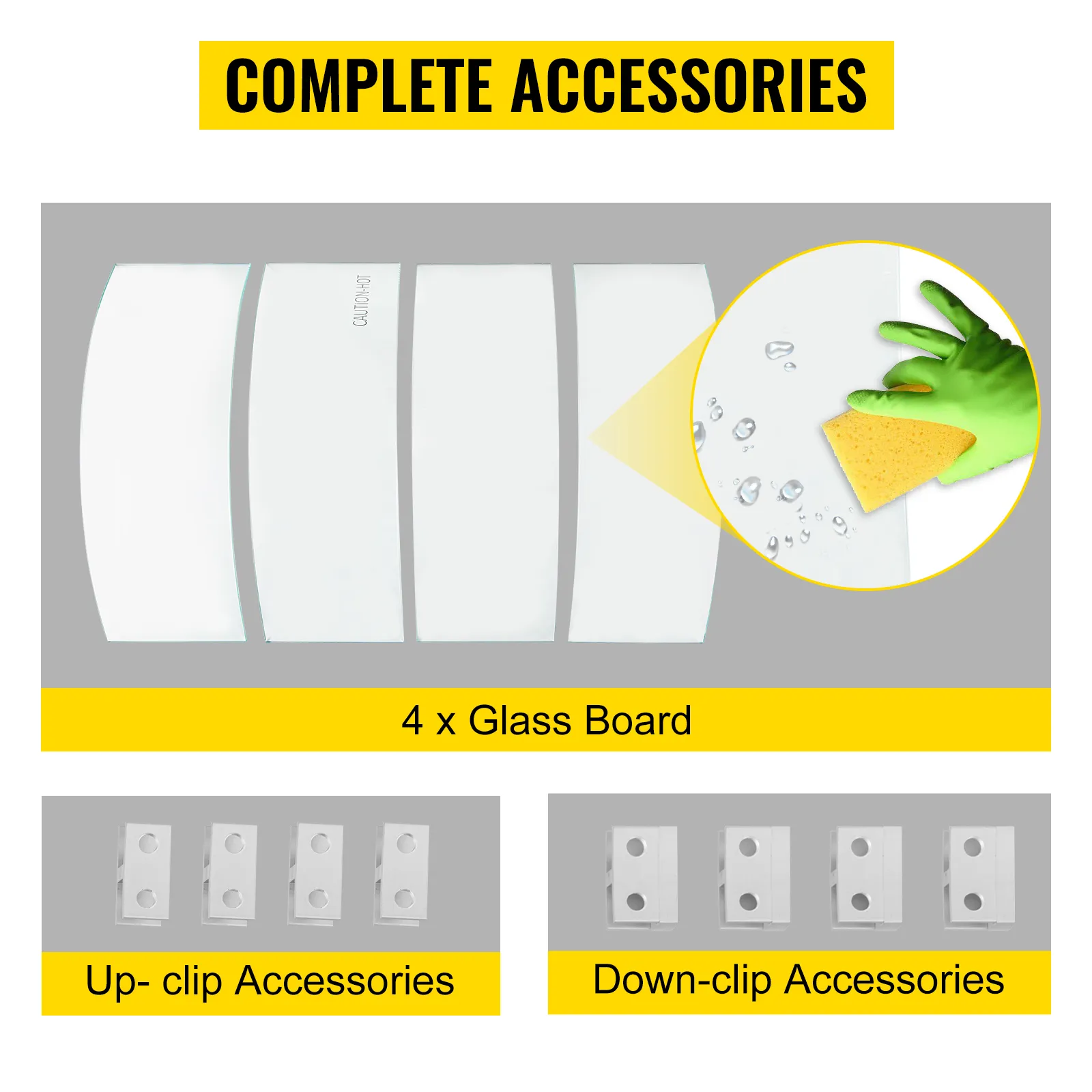 VEVOR fire pit wind guard, 4 glass boards with up-clip and down-clip accessories.