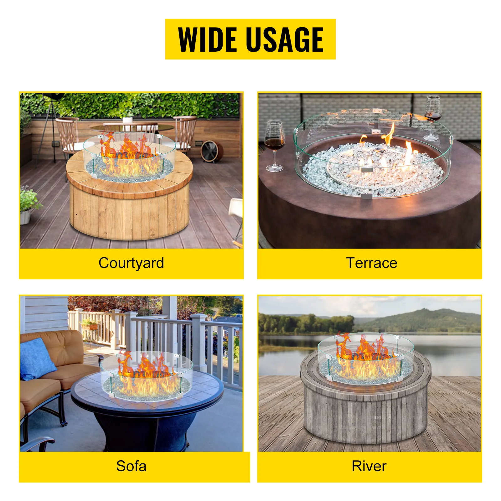 VEVOR fire pit wind guard shown in various settings like a courtyard, terrace, sofa area, and river.