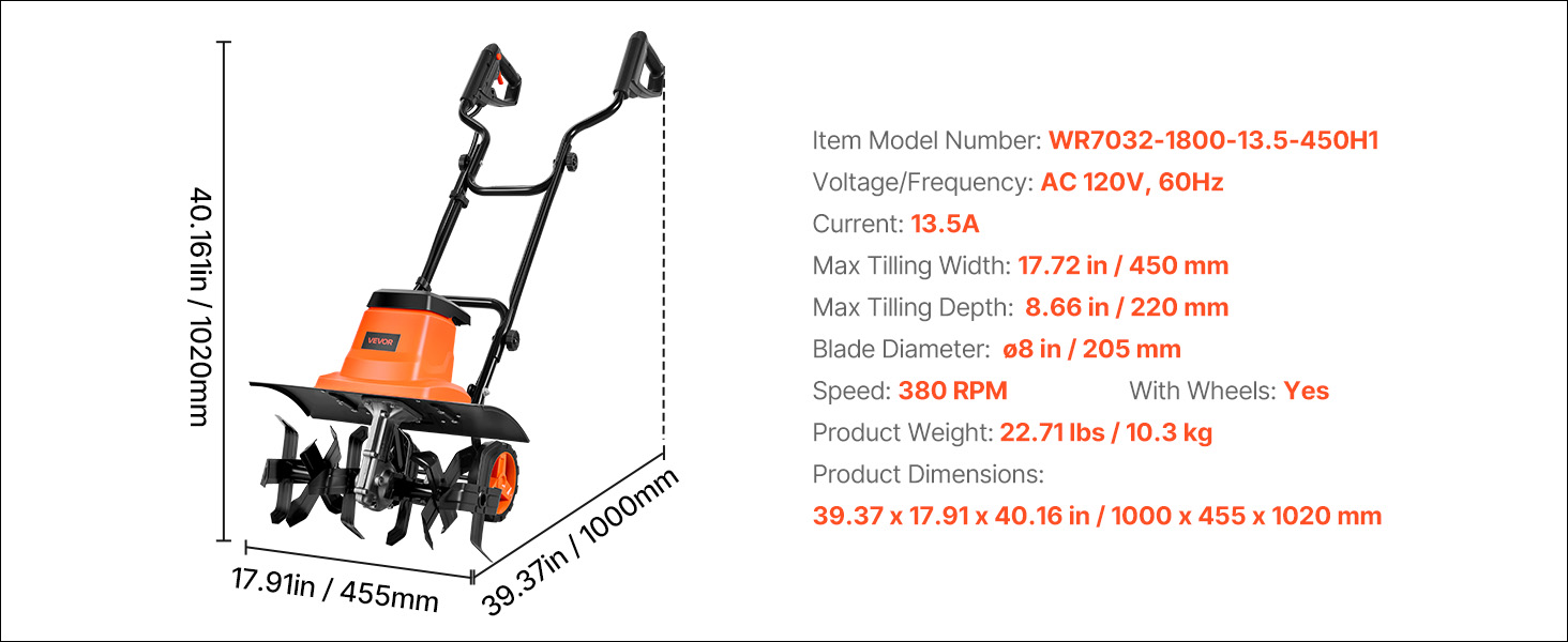VEVOR Corded Electric Tiller, 18 Inch Tilling Width Garden