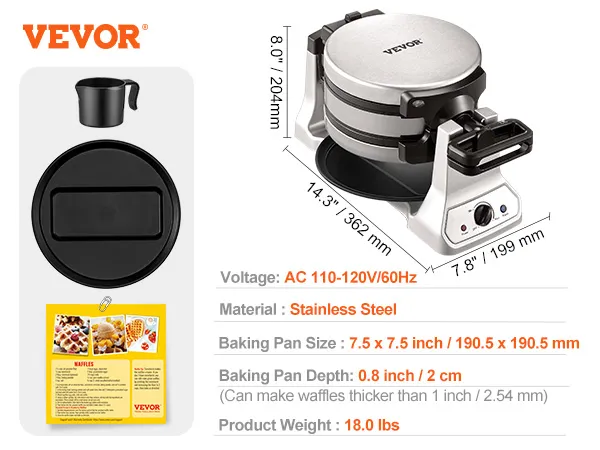 Máquina para hacer waffles VEVOR con cuerpo de acero inoxidable, tamaño de sartén de 9,4 pulgadas e incluye bandeja, taza, receta y manual.
