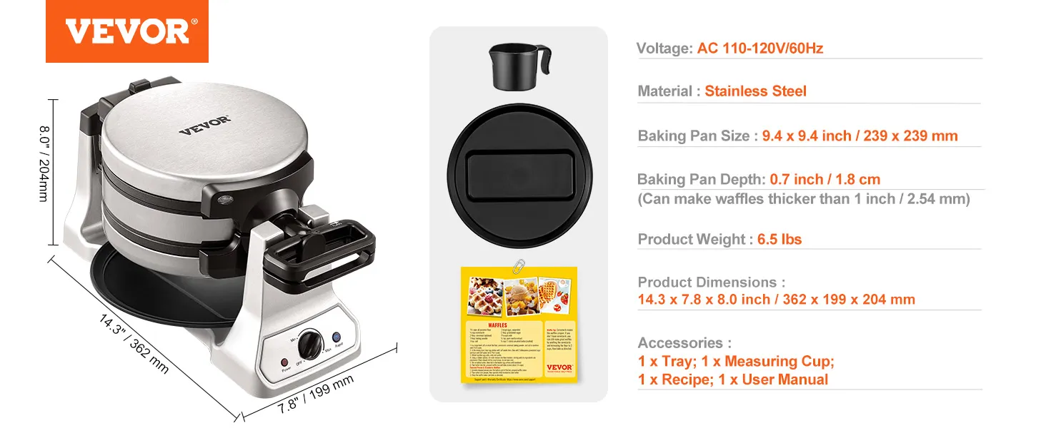 Máquina para hacer waffles VEVOR con cuerpo de acero inoxidable, tamaño de sartén de 9,4 pulgadas e incluye bandeja, taza, receta y manual.