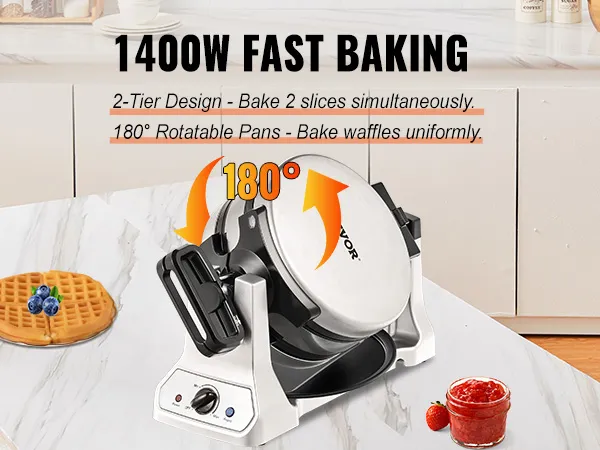 Máquina para hacer waffles VEVOR con bandejas giratorias de 180° para un horneado rápido y uniforme, 1400 W y diseño de 2 niveles.