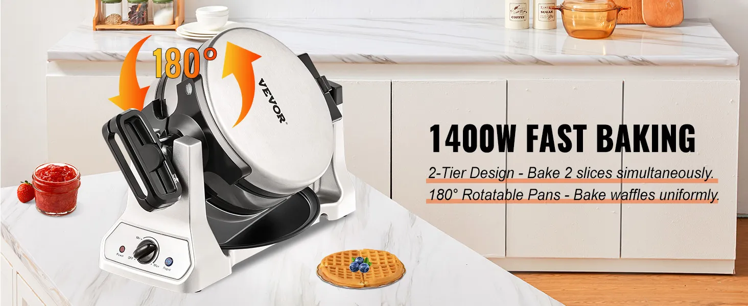 Máquina para hacer waffles VEVOR con bandejas giratorias de 180° para un horneado rápido y uniforme, 1400 W y diseño de 2 niveles.