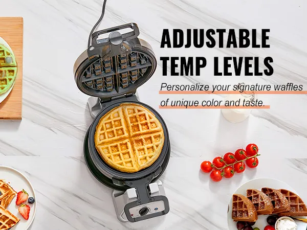 Máquina para hacer waffles VEVOR con niveles de temperatura ajustables, que muestra waffles y coberturas de diferentes colores.