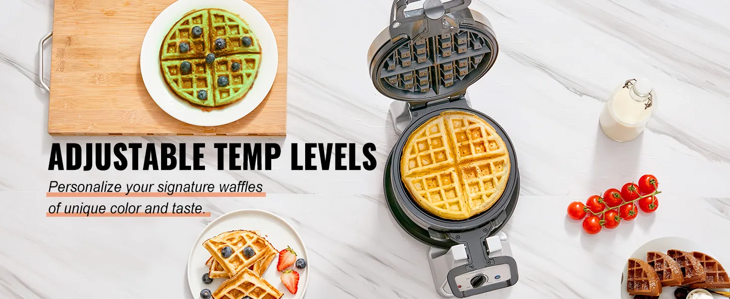 Máquina para hacer waffles VEVOR con niveles de temperatura ajustables, que muestra waffles y coberturas de diferentes colores.
