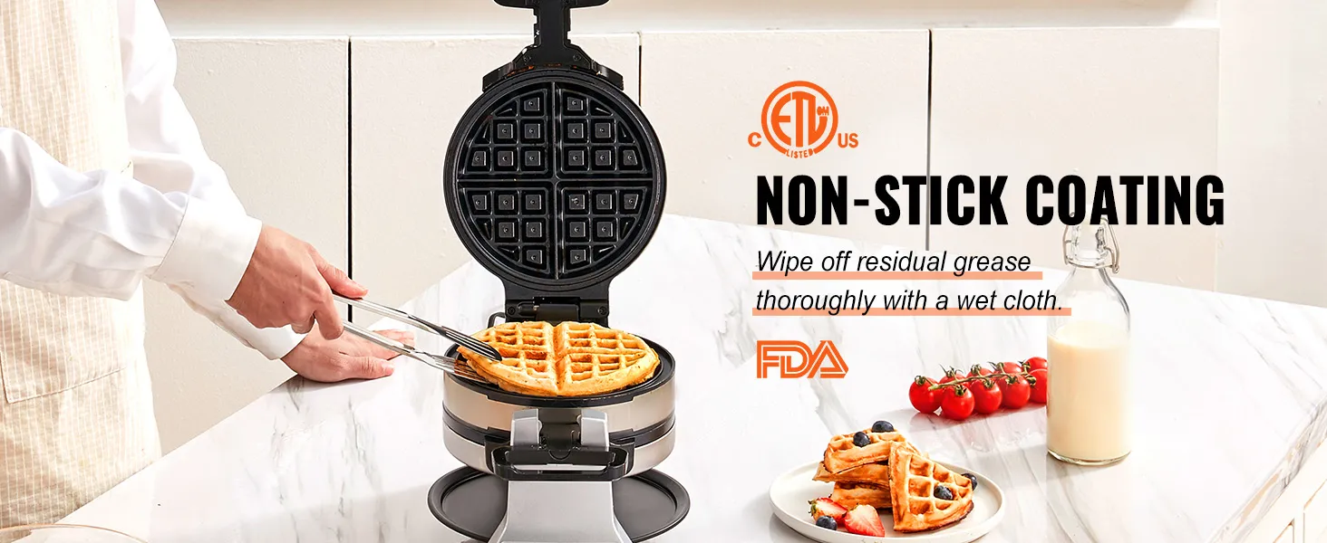 Persona que utiliza una máquina para hacer waffles VEVOR con revestimiento antiadherente; cerca hay waffles, tomates y leche en la encimera.
