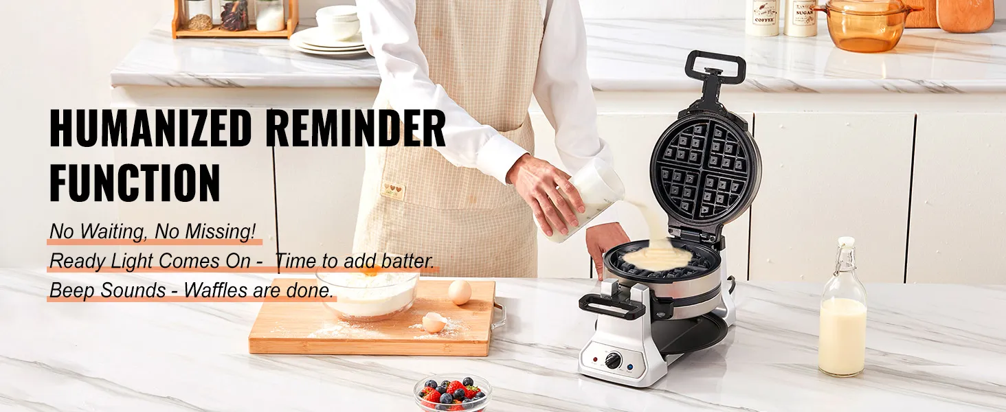 Persona usando la máquina para hacer waffles VEVOR en la cocina con masa, ingredientes y recordatorios para obtener waffles perfectos.