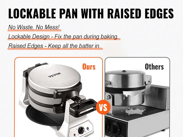 Máquina para hacer waffles VEVOR con bandeja bloqueable y bordes elevados en comparación con otros modelos. Sin suciedad, sin desperdicio.