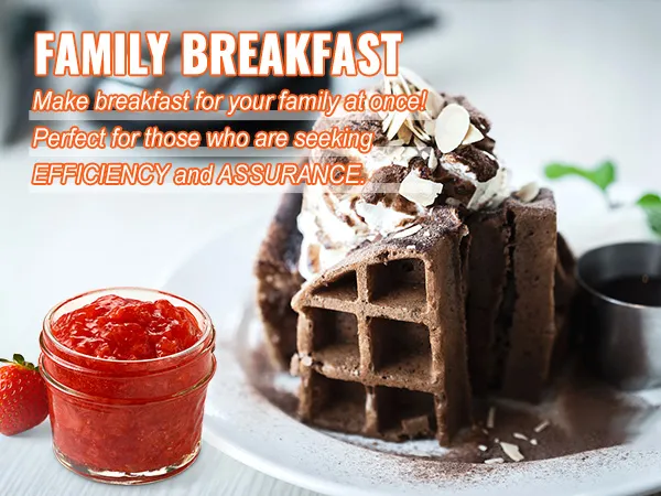 Desayuno familiar con waffles, crema batida, fresas y promoción de máquina para hacer waffles VEVOR.