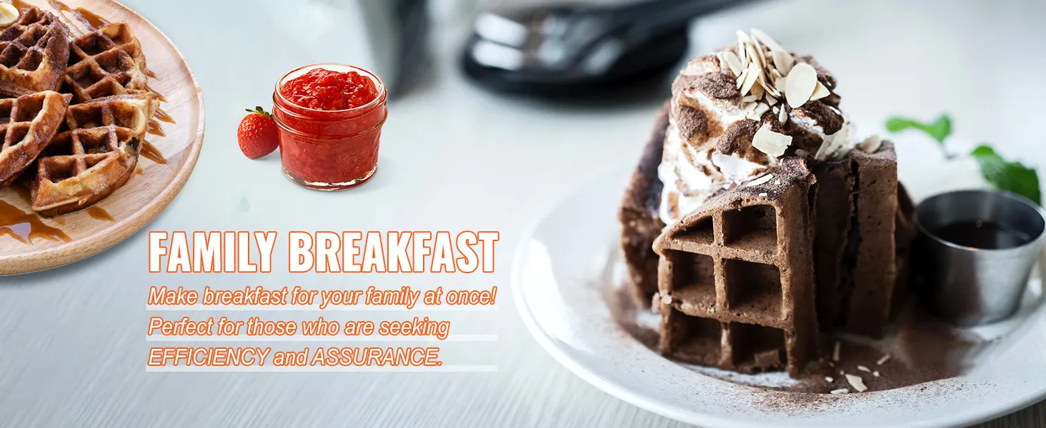 Desayuno familiar con waffles, crema batida, fresas y promoción de máquina para hacer waffles VEVOR.