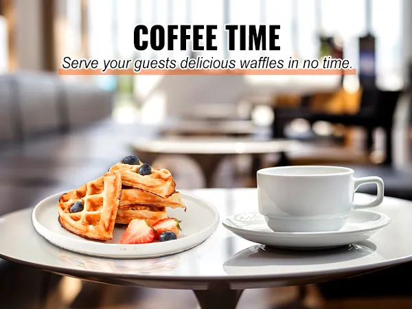 Café y waffles en una mesa con el texto "hora del café". Sirva a los invitados rápidamente con la máquina para hacer waffles VEVOR.