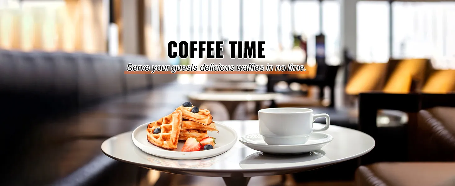 Café y waffles en una mesa con el texto "hora del café". Sirva a los invitados rápidamente con la máquina para hacer waffles VEVOR.