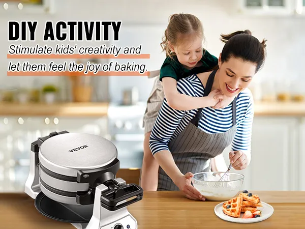 Máquina para hacer waffles VEVOR en la encimera de la cocina, madre e hijo batiendo la masa, plato de waffles en primer plano.