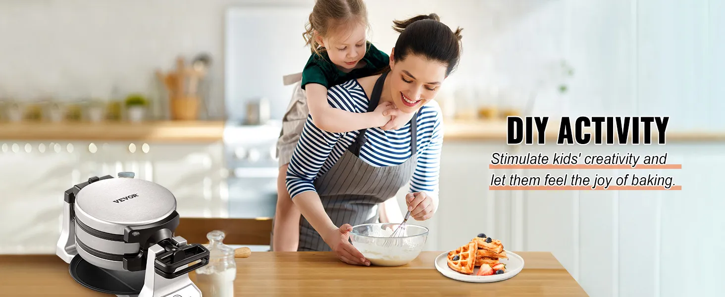 Máquina para hacer waffles VEVOR en la encimera de la cocina, madre e hijo batiendo la masa, plato de waffles en primer plano.