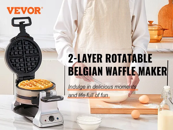 Máquina para hacer waffles VEVOR en una cocina con waffles frescos, rotación de 180° y 1400 W de potencia.