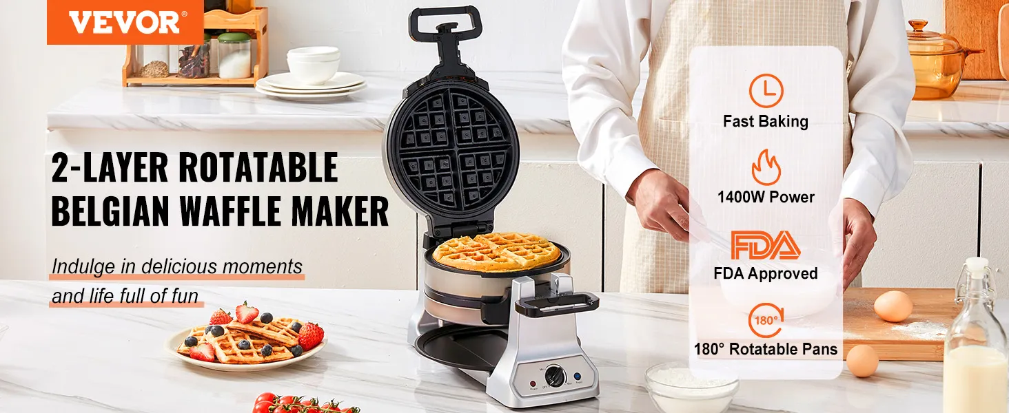 Máquina para hacer waffles VEVOR en una cocina con waffles frescos, rotación de 180° y 1400 W de potencia.