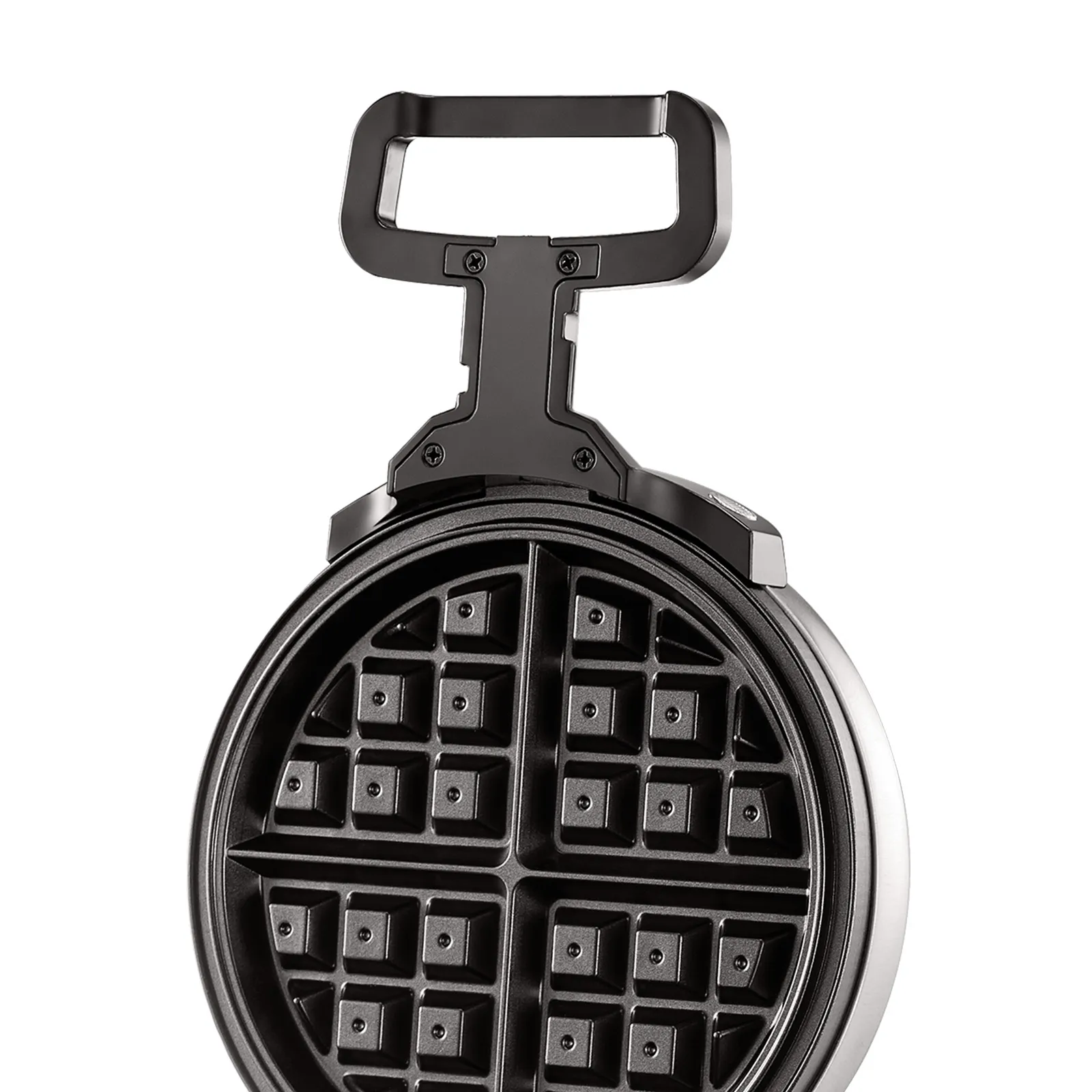 Máquina para hacer gofres redonda VEVOR con placas de rejilla antiadherentes y un mango resistente para preparar gofres fácilmente.