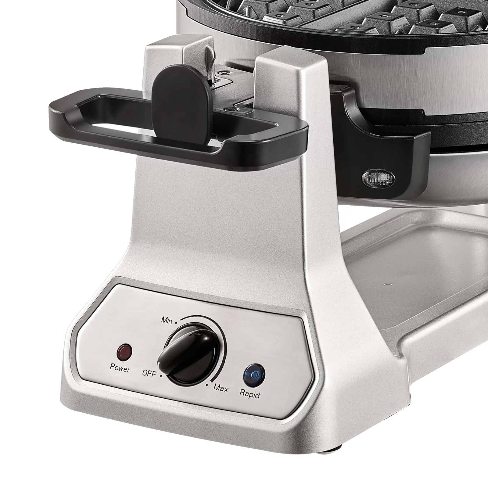 Máquina para hacer waffles VEVOR con perilla ajustable, configuraciones de potencia y un elegante diseño plateado.