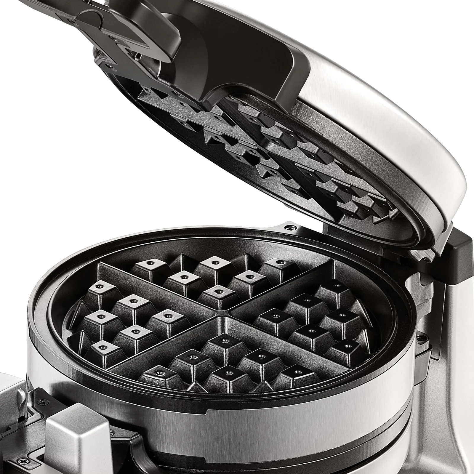 Máquina para hacer waffles VEVOR con tapa abierta, que muestra placas de rejilla antiadherentes para hacer cuatro waffles.