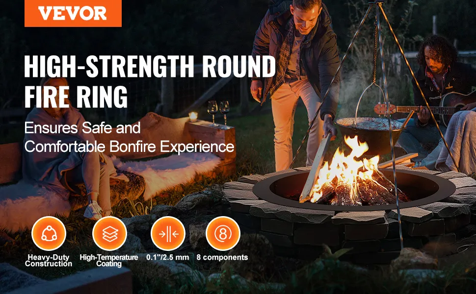 VEVOR fire pit ring enhances outdoor bonfires with high-strength construction and safety features.