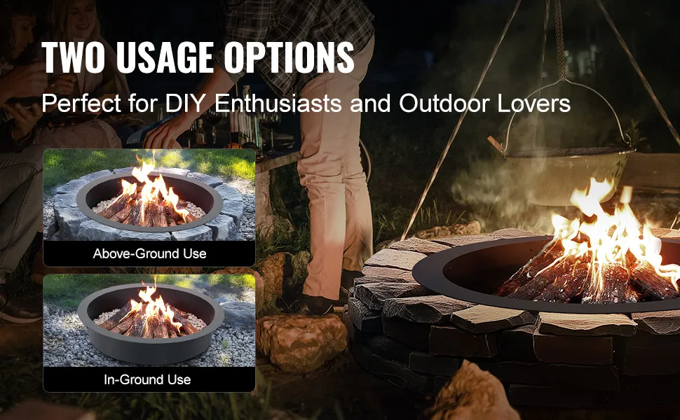 VEVOR fire pit ring with two usage options: above-ground and in-ground, ideal for diy enthusiasts.