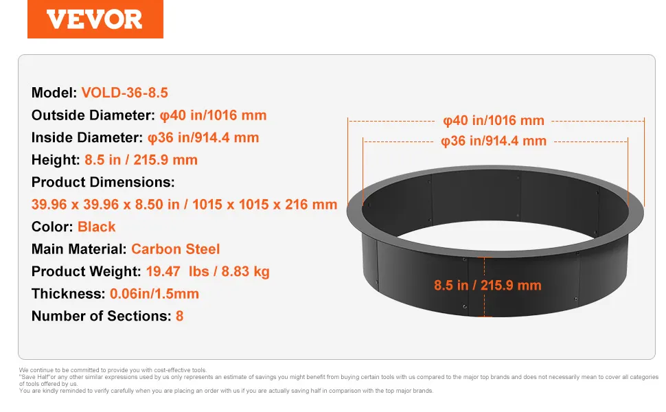 VEVOR fire pit ring, 40in outer diameter, 36in inner diameter, 8.5in height, black carbon steel.
