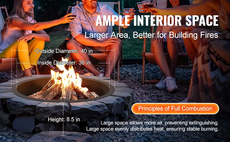 VEVOR fire pit ring with 40-inch outside diameter, 36-inch inside diameter, and 8.5-inch height.