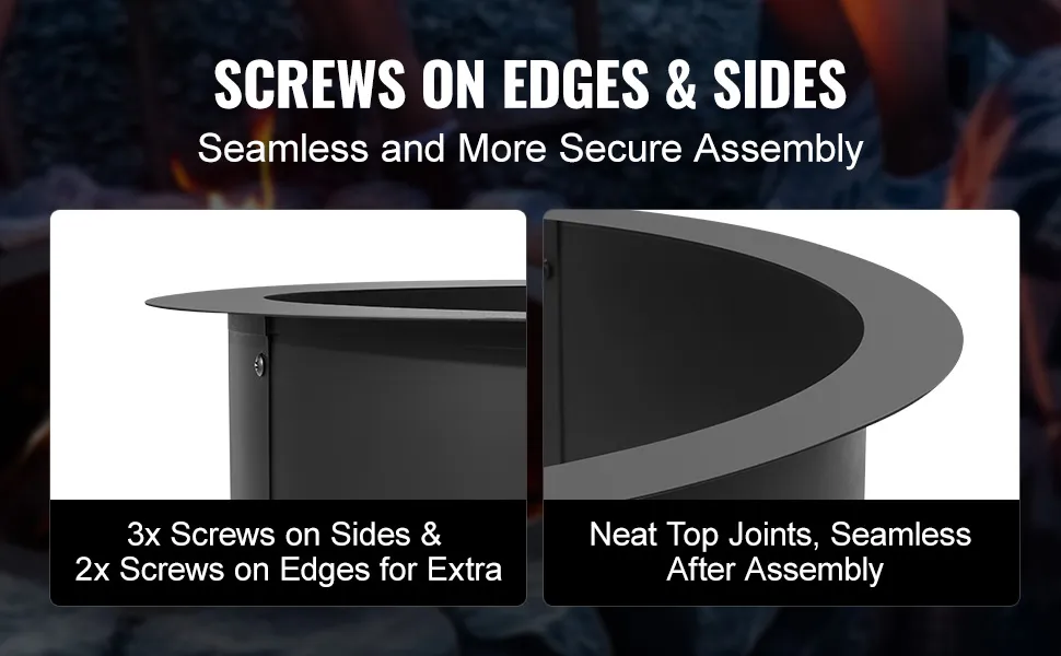 VEVOR fire pit ring: secure assembly with 3x side screws and 2x edge screws, ensuring neat top joints.